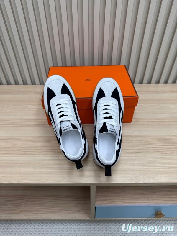 2025 Unisex Hermès White Black Suede Goat Leather Sneakers Top Version KFY00300