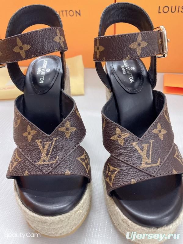 2025 Women Louis Vuitton Brown Leather Denim Espadrilles Wedge Sandals MJ00280