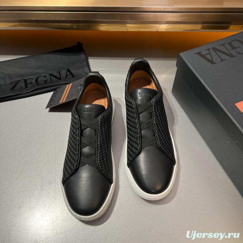 2024 Men Ermenegildo Zegna Black Smooth Calfskin Pelletessuta Sneakers Elastic Detail MJ00280