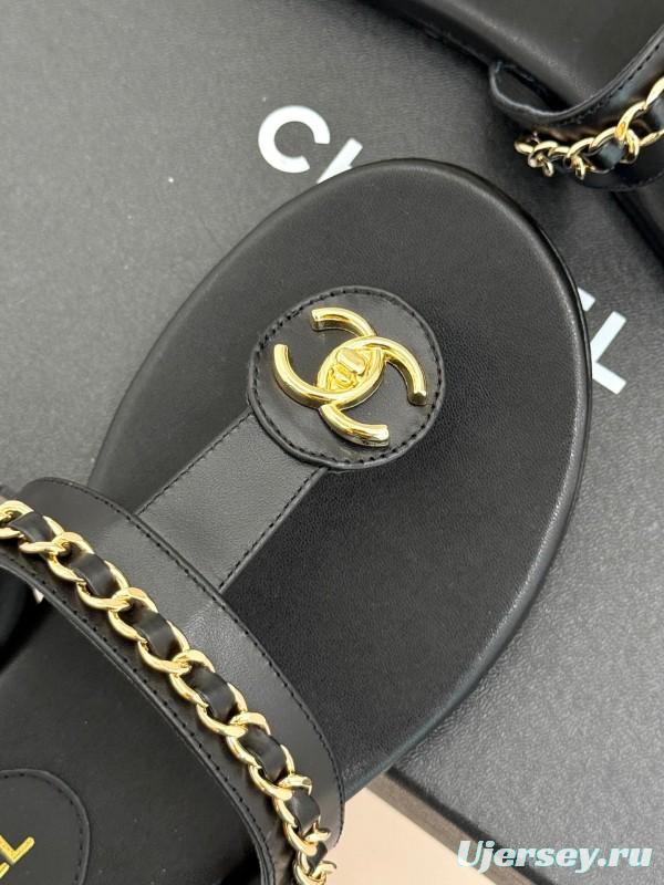 2025 Women Chanel Black Leather Slippers Chain KFY00250