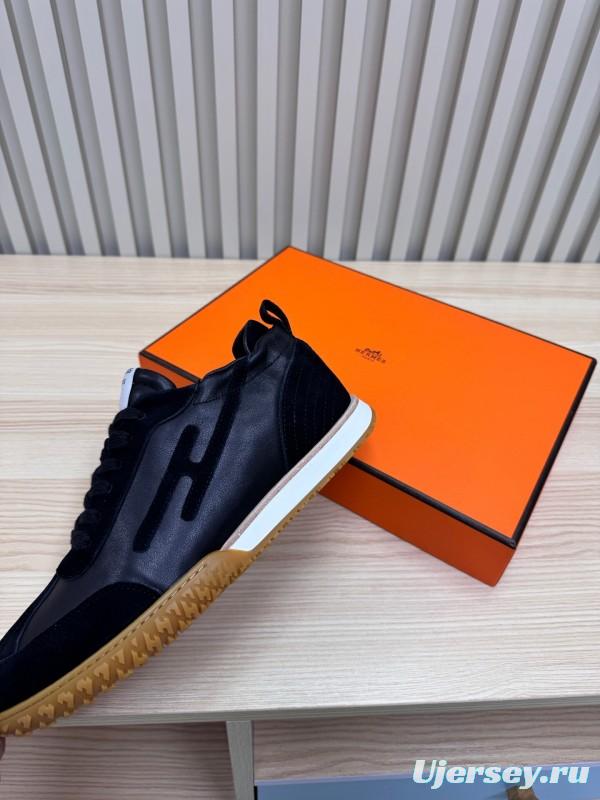 2025 Unisex Hermès Black Brown Suede Goat Leather Down Fabric Sneakers Top Version KFY00300