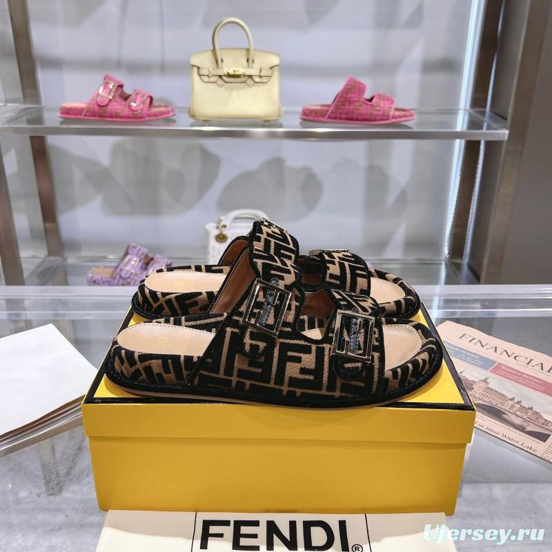 2025 Fendi Black Beige Fabric Slippers FF Buckle KFY00250