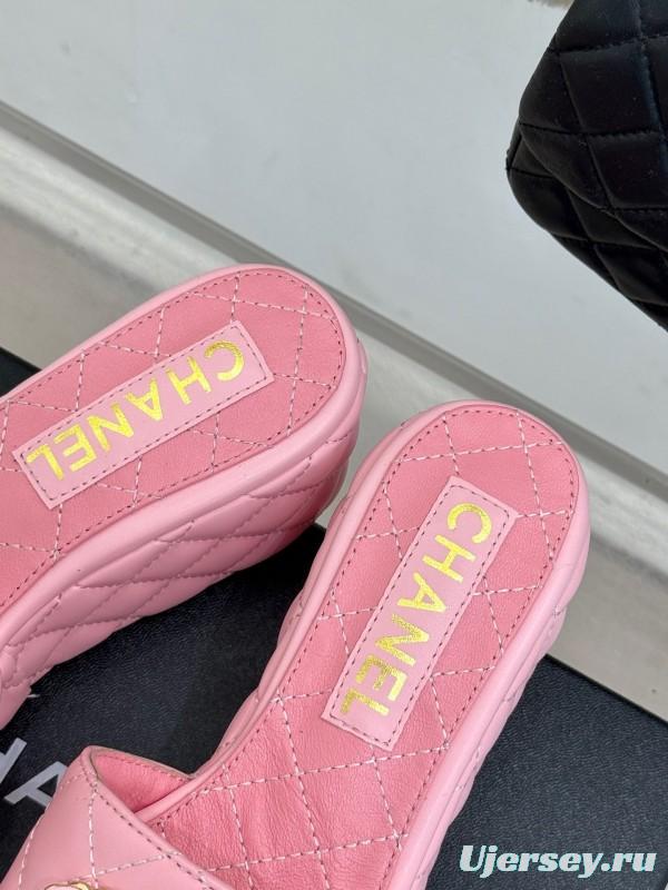 2025 Women Chanel Pink Leather Platform Slide Sandals