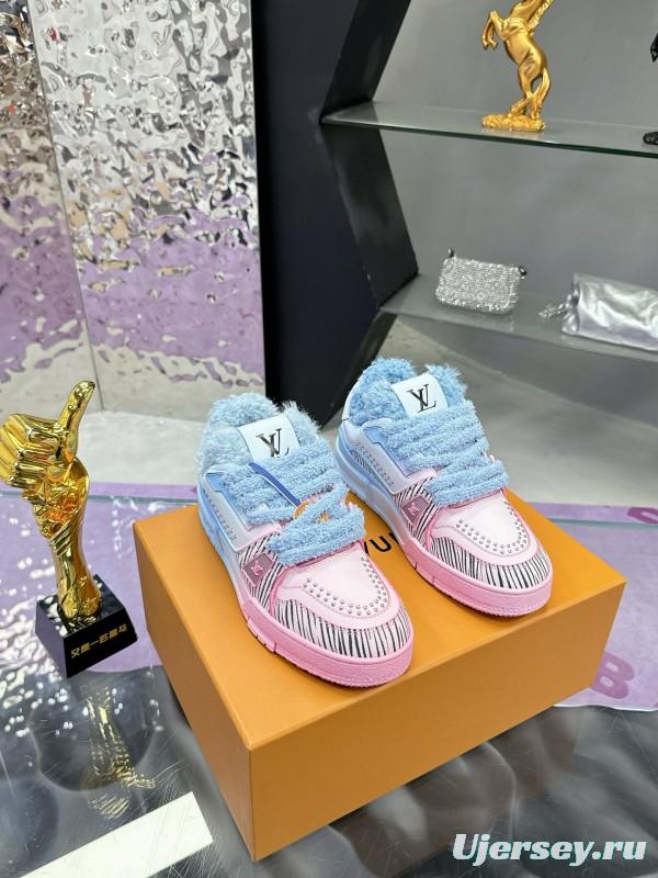2024 Unisex Louis Vuitton Blue Pink Leather Sneakers