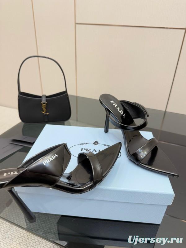 2025 Women Prada Black Leather Sandals