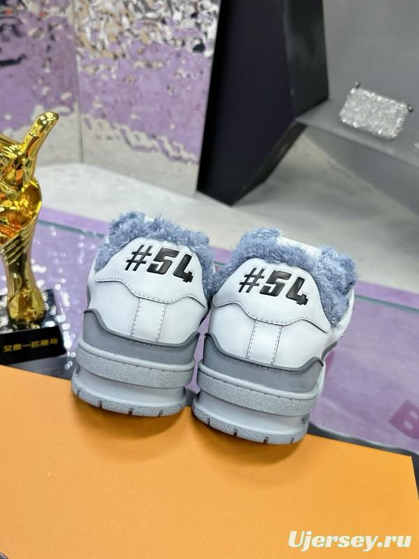 2024 Women Louis Vuitton White Grey Leather Fur Sneakers
