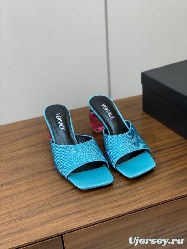 2025 Women VERSACE Blue Leather Slippers