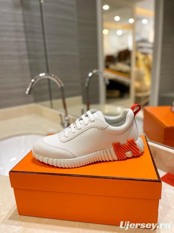 2024 Unisex Hermès White Orange Black Imported Glossy Lambskin Rain Velvet Casual Sneakers MJ00320