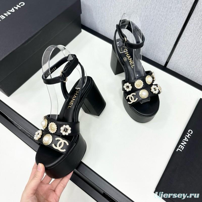 2025 Women Chanel Black Leather Platform Sandals MJ00310