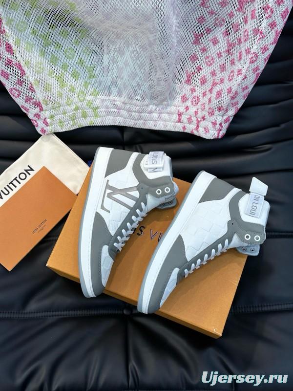 2024 Men Louis Vuitton White Grey Leather Canvas High Top Classic Sneakers MJ00420
