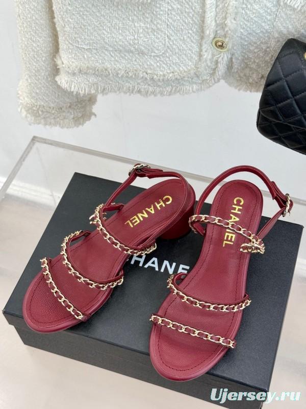 2025 Women Chanel Red Leather Chain Strap Sandals KFY00270