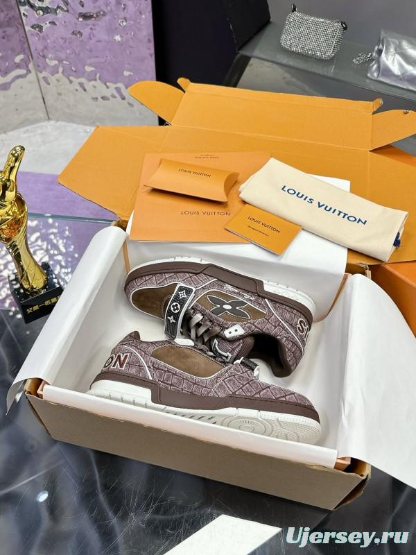 2024 Unisex Louis Vuitton Brown Silk Leather Denim Plimsolls Magic Tape MJ00410