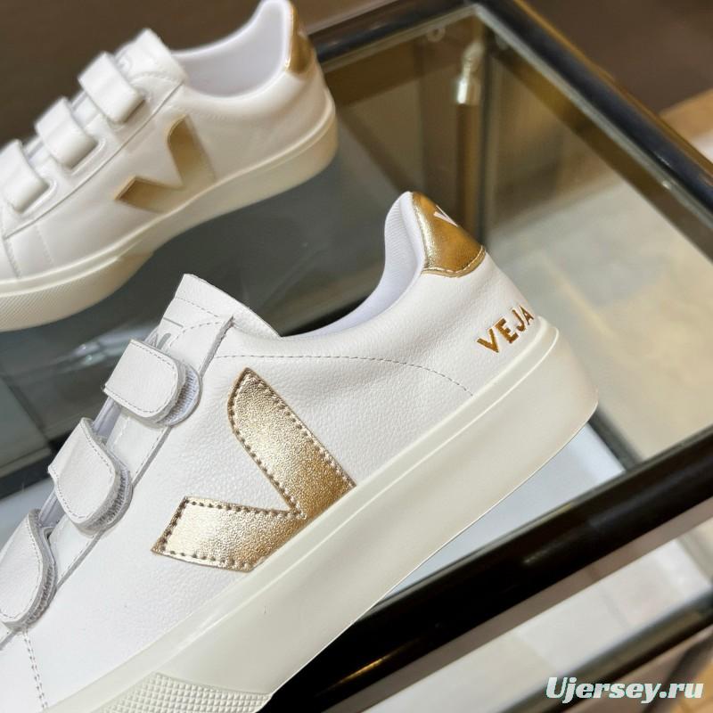 2025 Women VEJA White Gold Leather Strap Sneakers