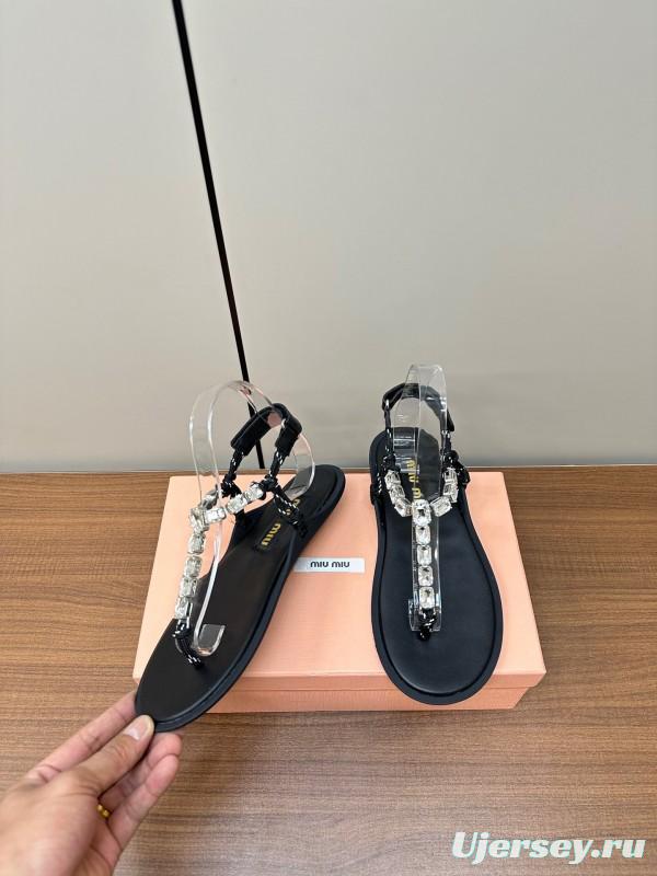 2025 Women Miu Miu Black Leather Rhinestone Sandals LY