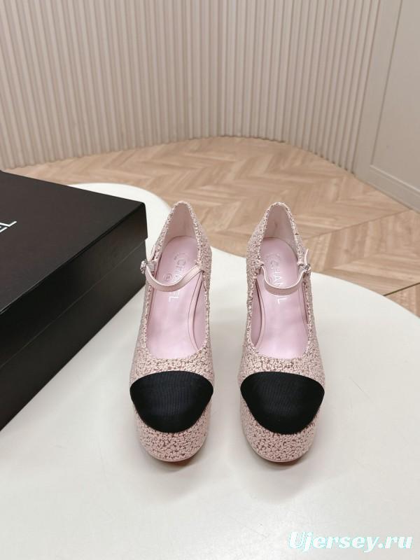 2025 Women Chanel Pink Black Wool Platform Mary Jane KFY00330