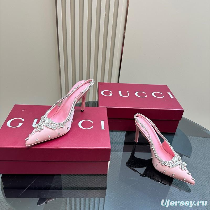 2025 Women Gucci Pink Silk Slingback High Heel Crystal MJ00340