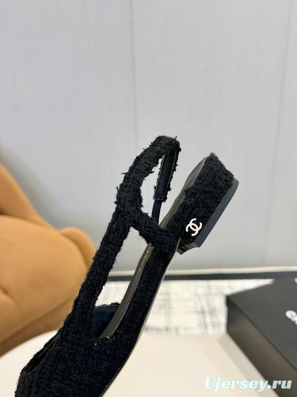 2025 Women Chanel Black Leather Bouclé Ballet Flats LY00240