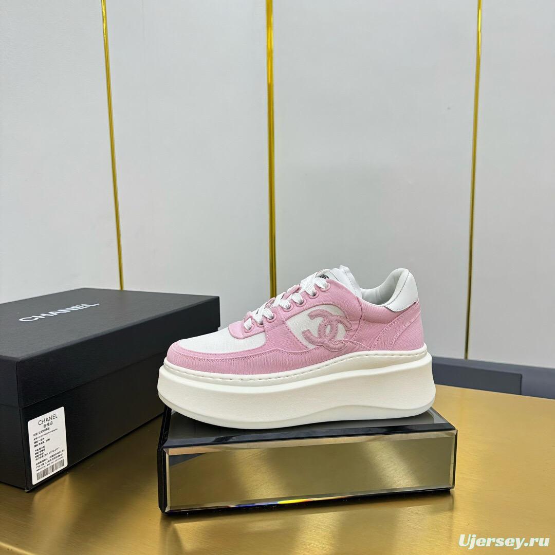2025 Women Chanel Pink White Leather Suede Platform Sneakers