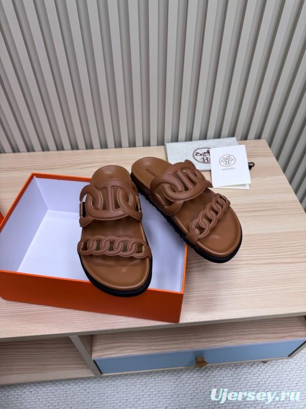 2025 Women Hermès Brown Leather Slippers KFY00260
