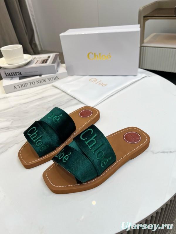 2025 Women Chloé Green Velvet Slippers