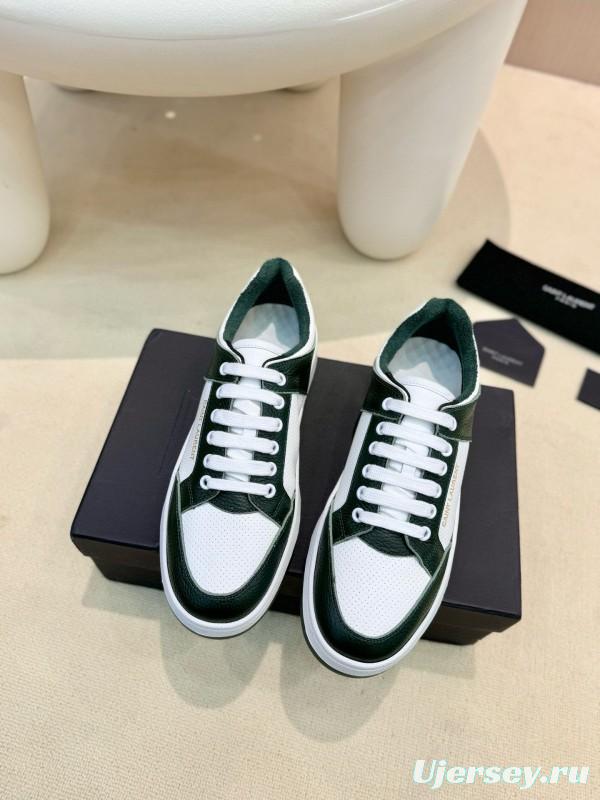 2024 Unisex Yves Saint Laurent White Dark Green Leather Silk Cowhide SL61 Casual Shoes Perforation MJ00350