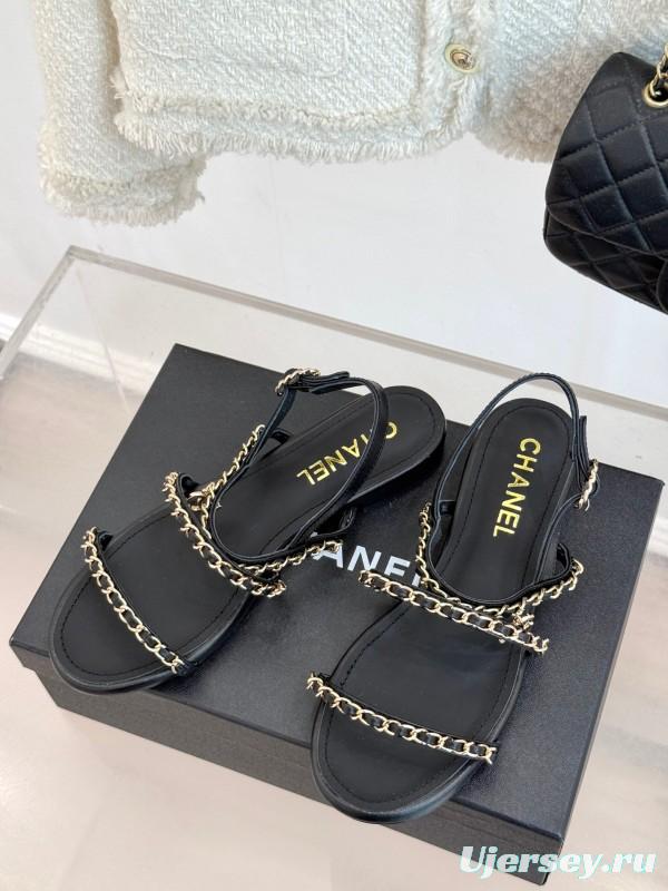 2025 Women Chanel Black Leather Slingback Sandals Chain KFY00270
