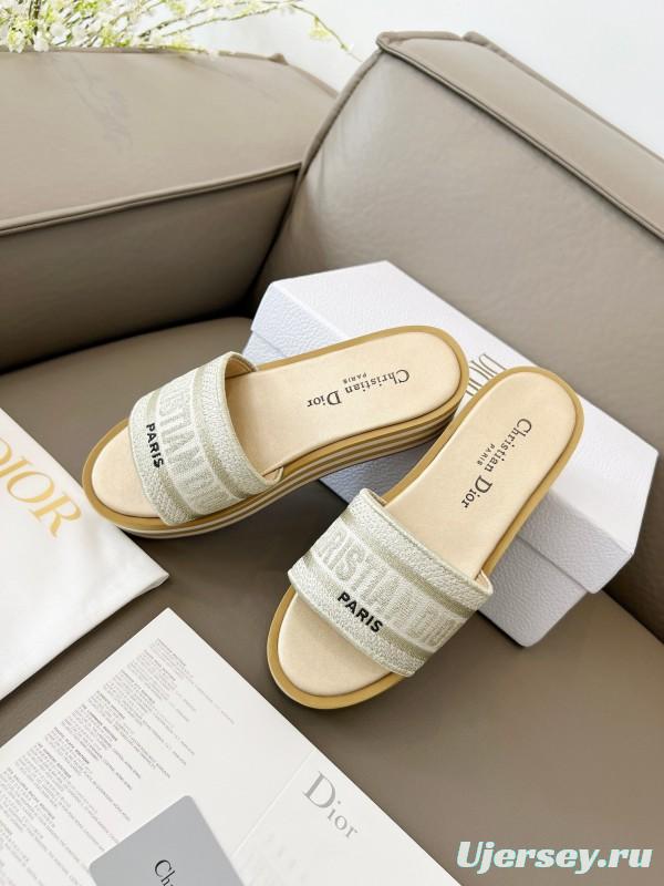 2025 Women Dior White Beige Canvas Platform Slippers