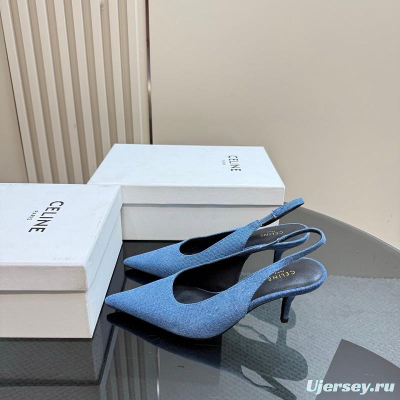 2025 Women CELINE Blue Denim Slingback Heels