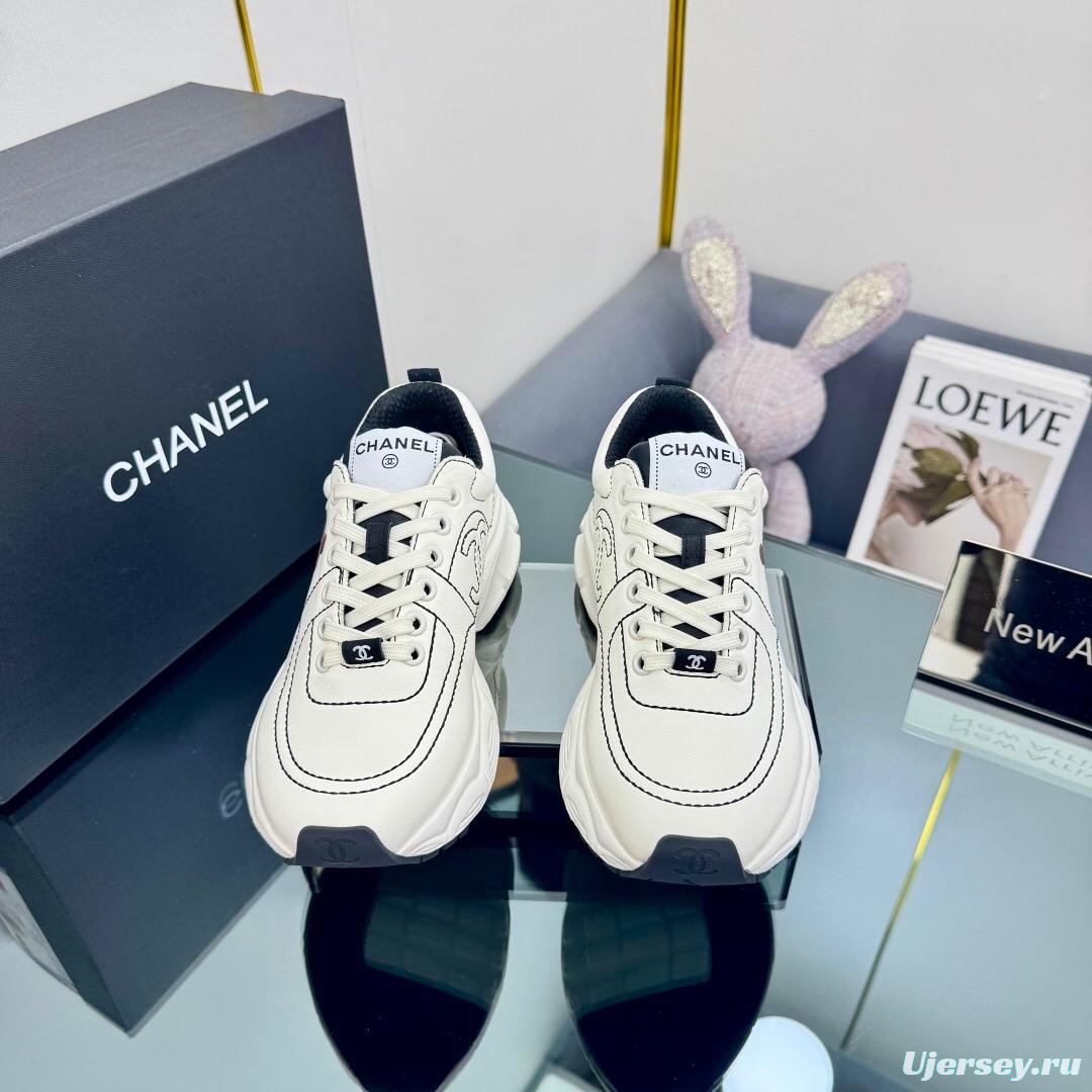 2025 Women Chanel White Leather Sneakers Cartoon Graphic