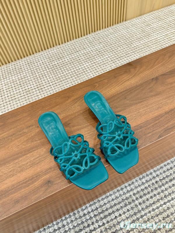 2025 Women Loewe Turquoise Leather Heeled Sandals LY00250