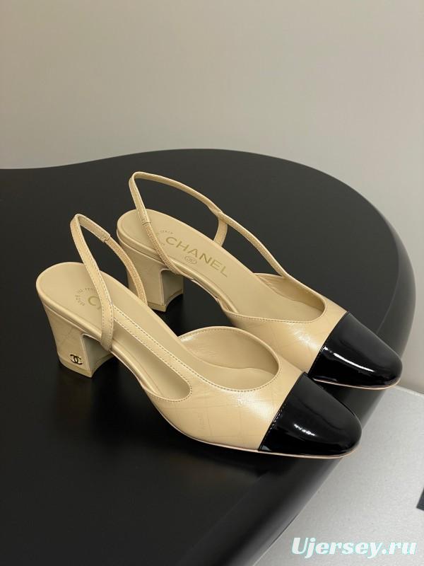 2025 Women Chanel Beige Black Leather Sling-back Classic Heel
