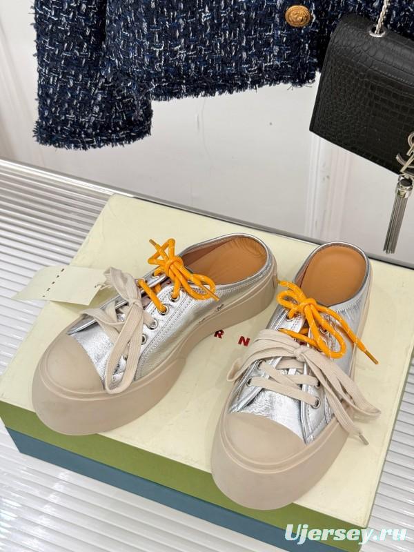 2025 Women Yves Saint Laurent Silver Leather Platform Sneakers With Orange And Beige Laces YSL123(F)