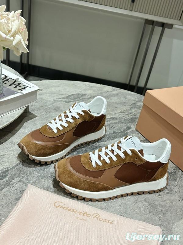 2025 Unisex Gianvito Rossi Brown White Leather Suede Mesh Sneakers KFY00340