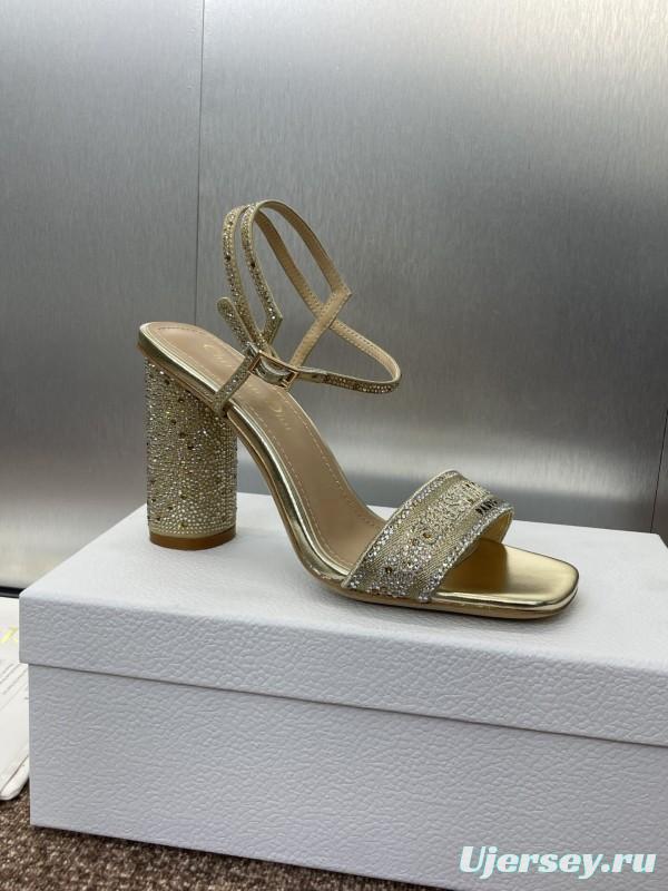 2025 Women Dior Gold Crystal Embellished Leather Sandals KFY00320