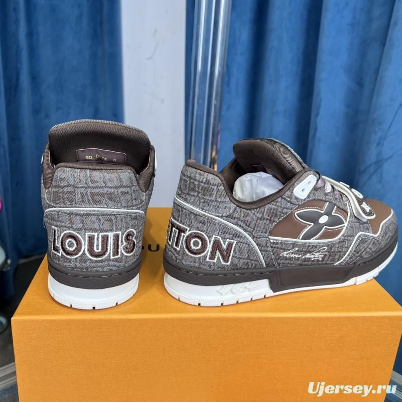 2025 Unisex Louis Vuitton Brown Grey Leather Trainer