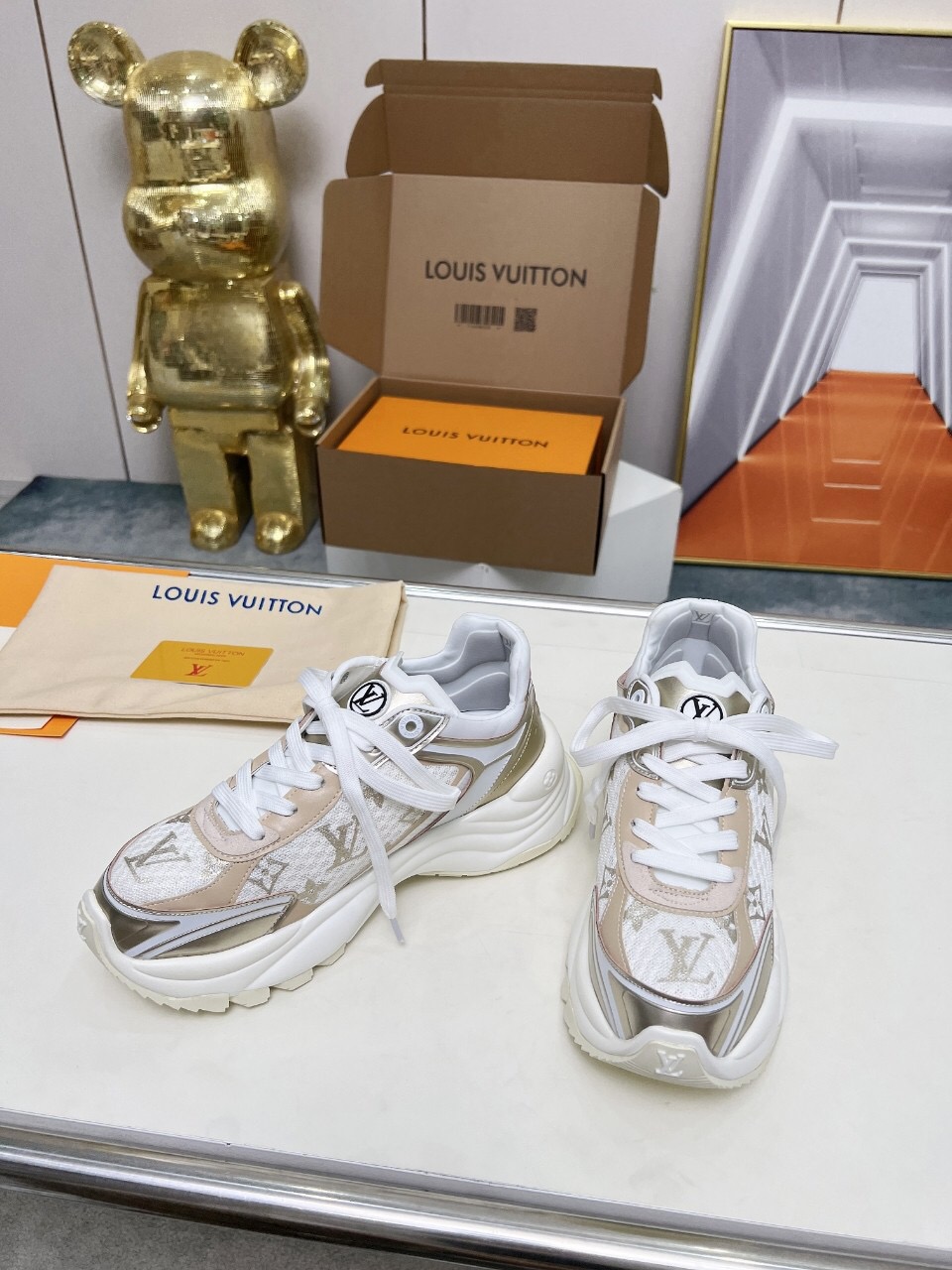 2025 Women Louis Vuitton White Beige Mesh Leather Sneakers LY00340