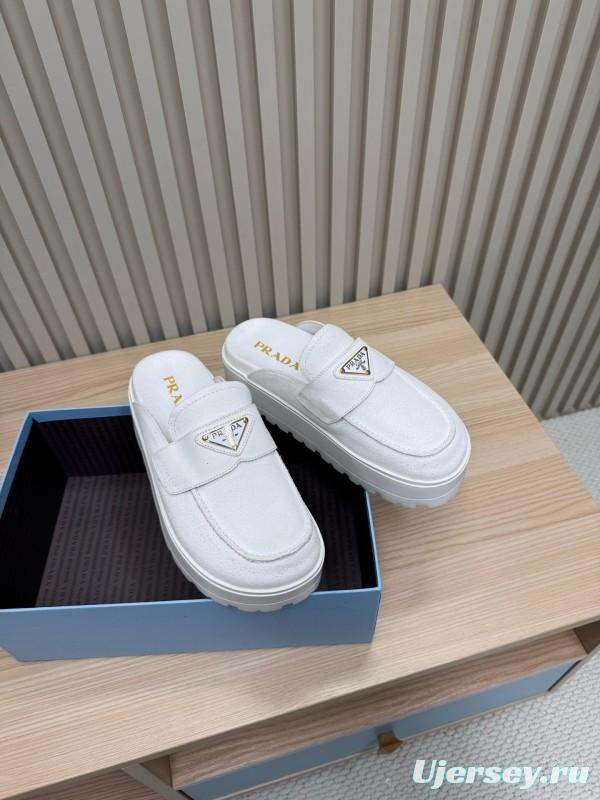 2025 Women Prada White Canvas Platform Loafers