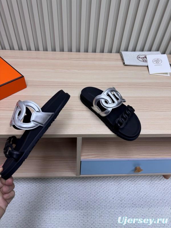 2025 Slippers Hermès Silver Black Leather Chain Decoration