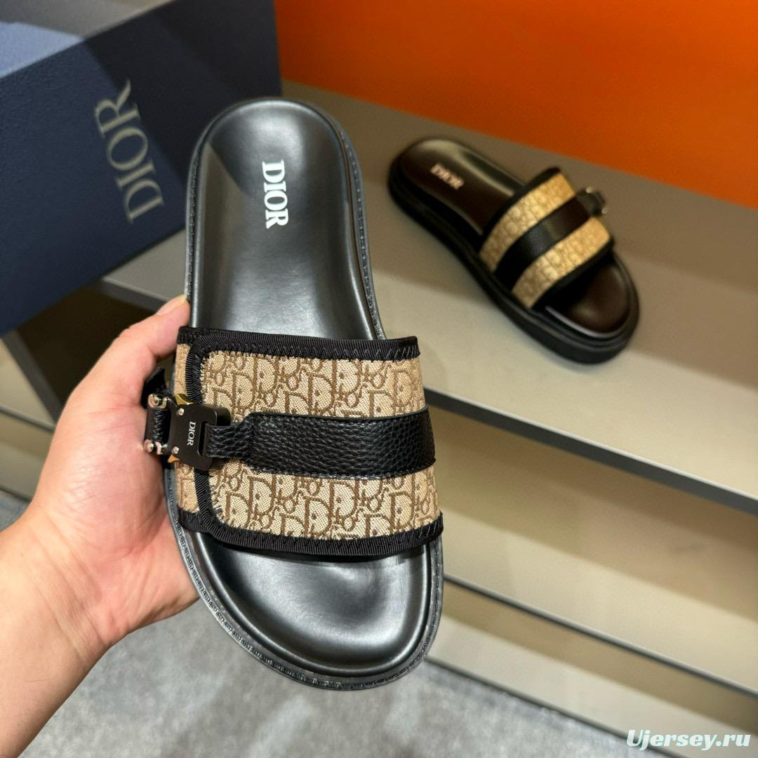 2024 Slippers Dior Beige Black Leather Canvas Slippers