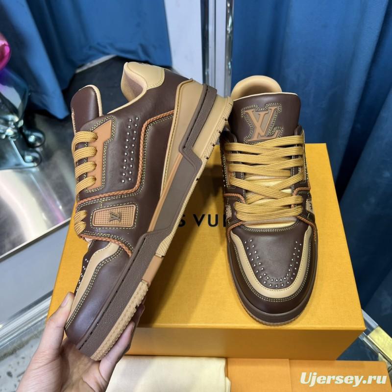 2025 Unisex Louis Vuitton Brown Beige Leather LV Trainer