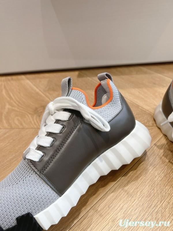 2024 Unisex Hermès Beige Grey Orange Black Leather Suede Knit Sneakers MJ00290