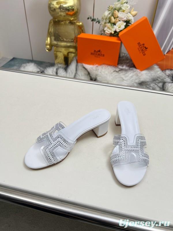2025 Slippers Hermès White Leather Crystal MJ00180