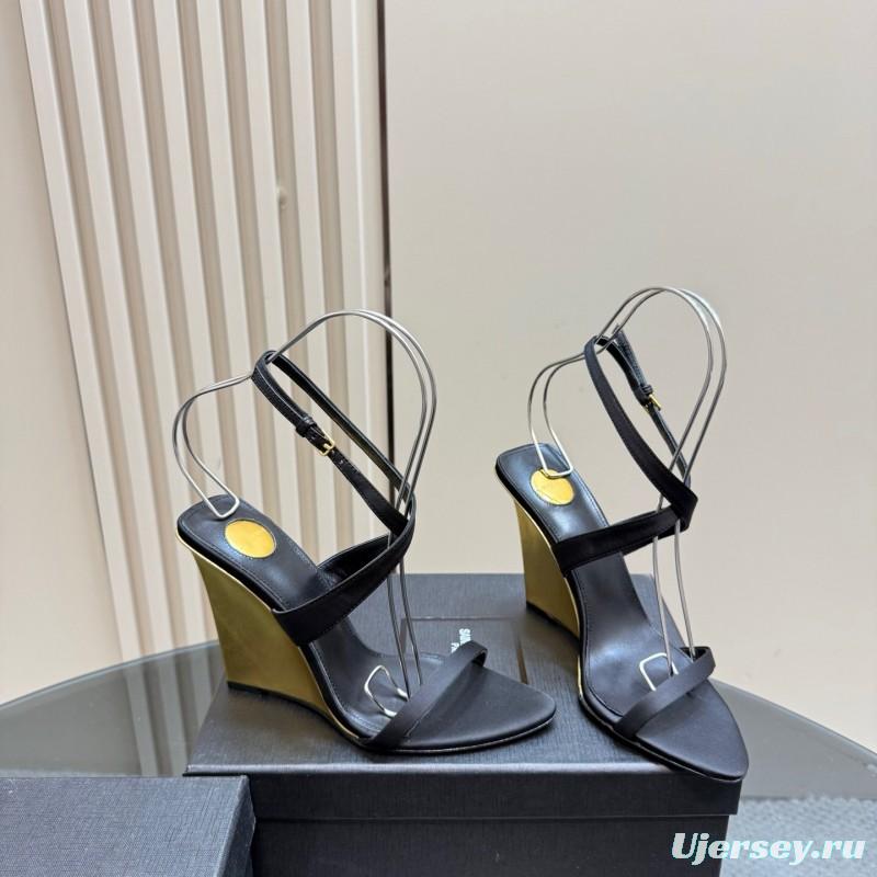 2025 Women Yves Saint Laurent Black And Gold Wedge Sandals Premium Leather Elegant Design LY00360(F)