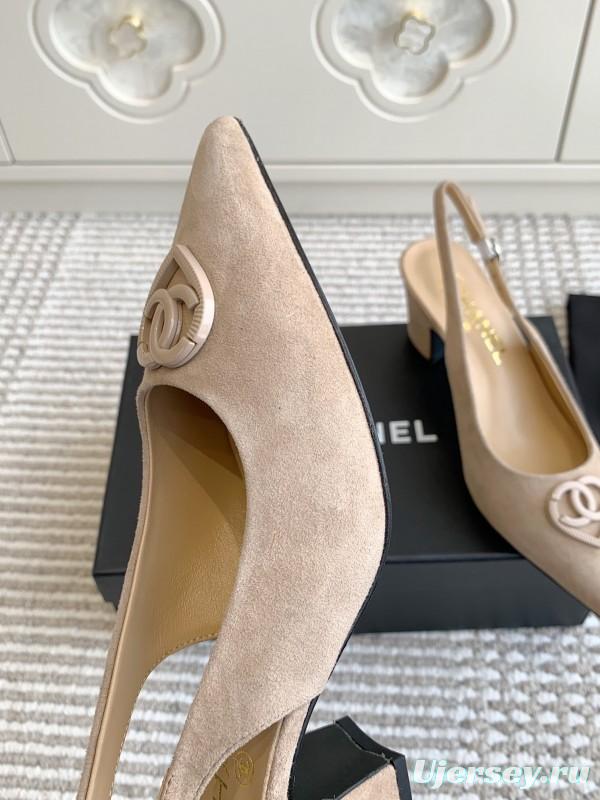 2025 Women Chanel Beige Suede Slingback Pointed Toe Heart CC Sandals