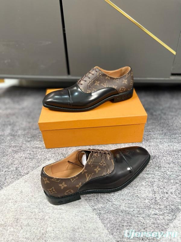 2024 Men Louis Vuitton Brown Black Leather Canvas Oxford MJ00380