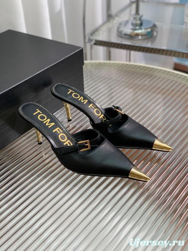 2025 Women TOM FORD Black Gold Leather Heeled Mules KFY00300