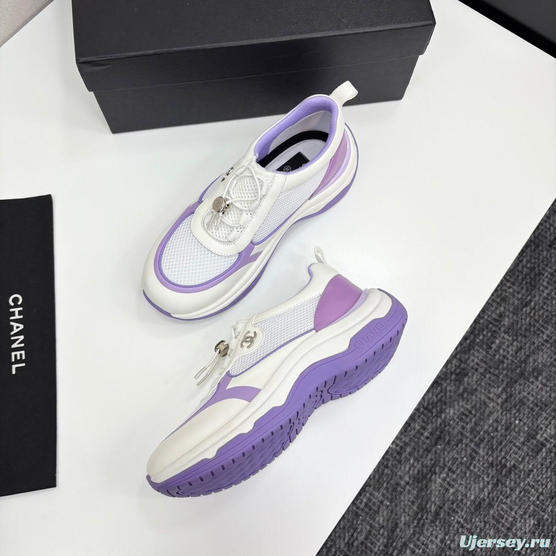 2025 Women Chanel White And Purple Leather And Mesh Casual Sneakers Chunky Sole Classic Logo LY00360(F)