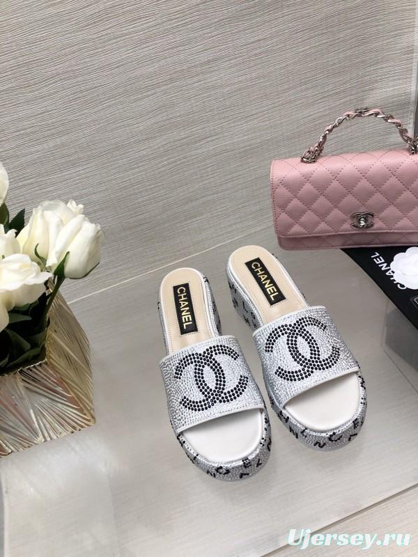 2025 Slippers Chanel White Rhinestone Platform Slide LY00330
