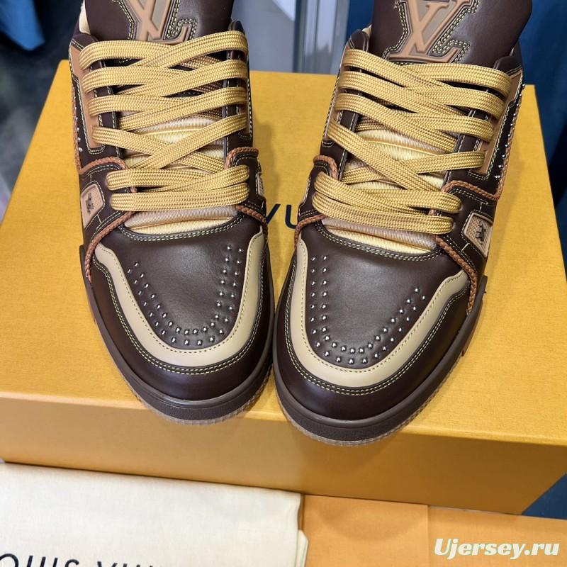 2025 Unisex Louis Vuitton Brown Beige Leather LV Trainer