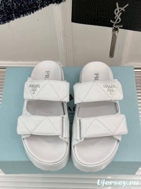2025 Slippers Prada White Leather Quilted Velcro Strap KFY00250